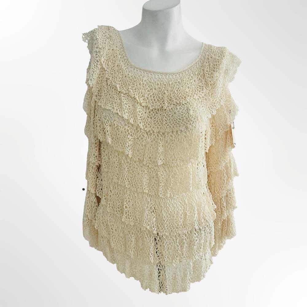 Vintage Rose Cream Hand Made Crochet Lace Ruffled Long Sleeve Top Size L